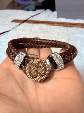 Gucci upcycled Brown Leather Double Wrap Bracelet with Crystal Accents